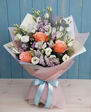 Букет Утренняя свежесть в Сарове Букет цветов из:  Лизиантусы, Розы, Альстромерии и Гипсофила в Сарове