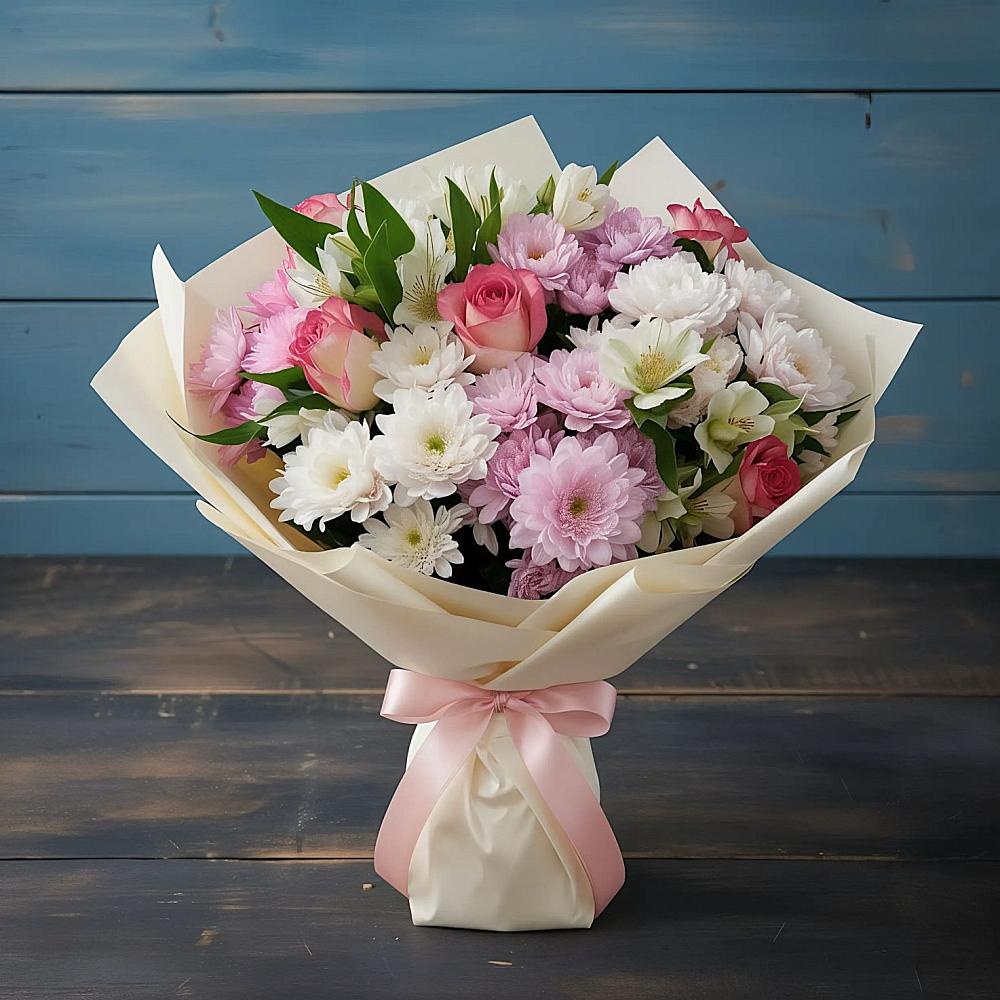 Букет цветов из: Хризантемы, Альстромерии и Розы в Сарове